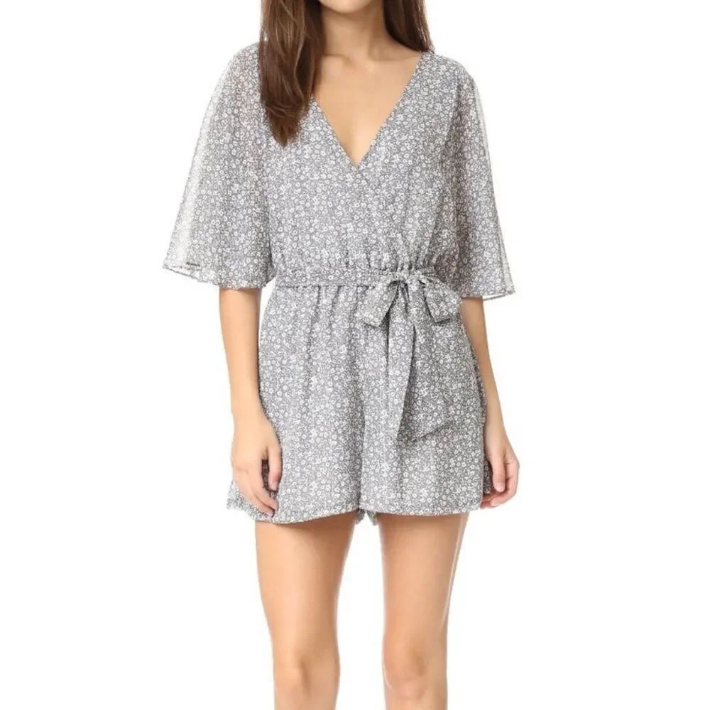 REBECCA MINKOFF Steph Romper Tie Waist Gray Silver Floral Size medium